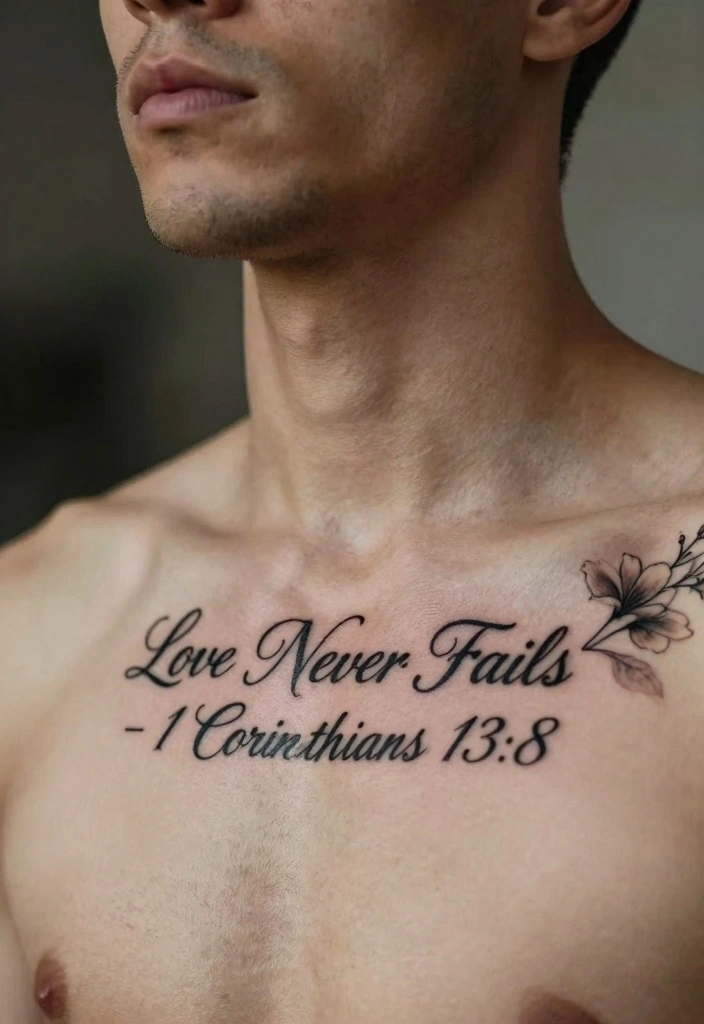 12 Bible Verse Chest Tattoo Ideas for Men Faith Inspired 67 12 Bible Verse Chest Tattoo Ideas for Men Faith Inspired 7. Love Never Fails 1 Corinthians 138 0