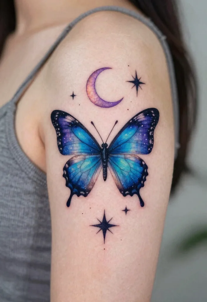 12 Butterfly Tattoo Ideas for Lost Loved Ones With Meaning 80 12 Butterfly Tattoo Ideas for Lost Loved Ones With Meaning 8. Butterfly with Stars or Moon 0