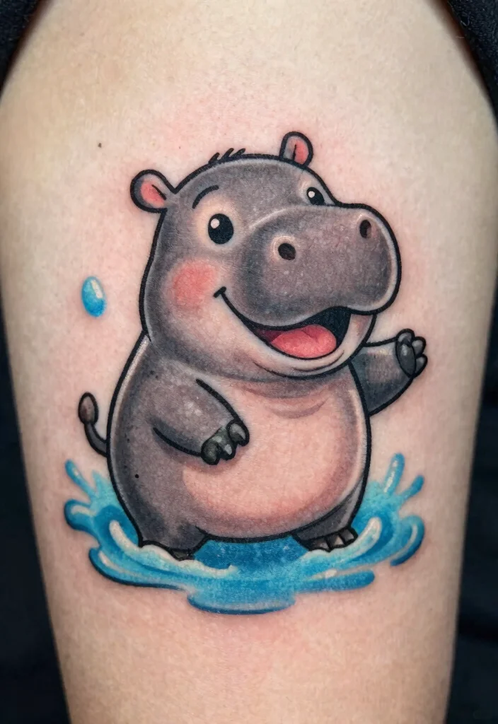 12 Cartoon Style Flash Tattoo Ideas: Fun and Playful 34 12 Cartoon Style Flash Tattoo Ideas Fun and Playful 4. Happy Hippo 0