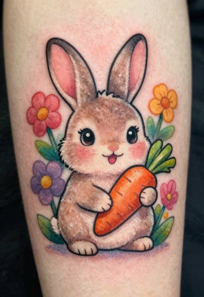 12 Cartoon Style Flash Tattoo Ideas: Fun and Playful 45 12 Cartoon Style Flash Tattoo Ideas Fun and Playful 5. Adorable Bunny 0