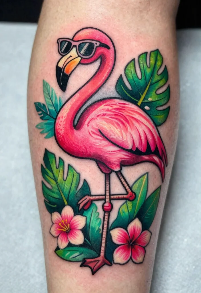 12 Cartoon Style Flash Tattoo Ideas: Fun and Playful 56 12 Cartoon Style Flash Tattoo Ideas Fun and Playful 6. Funky Flamingo 0