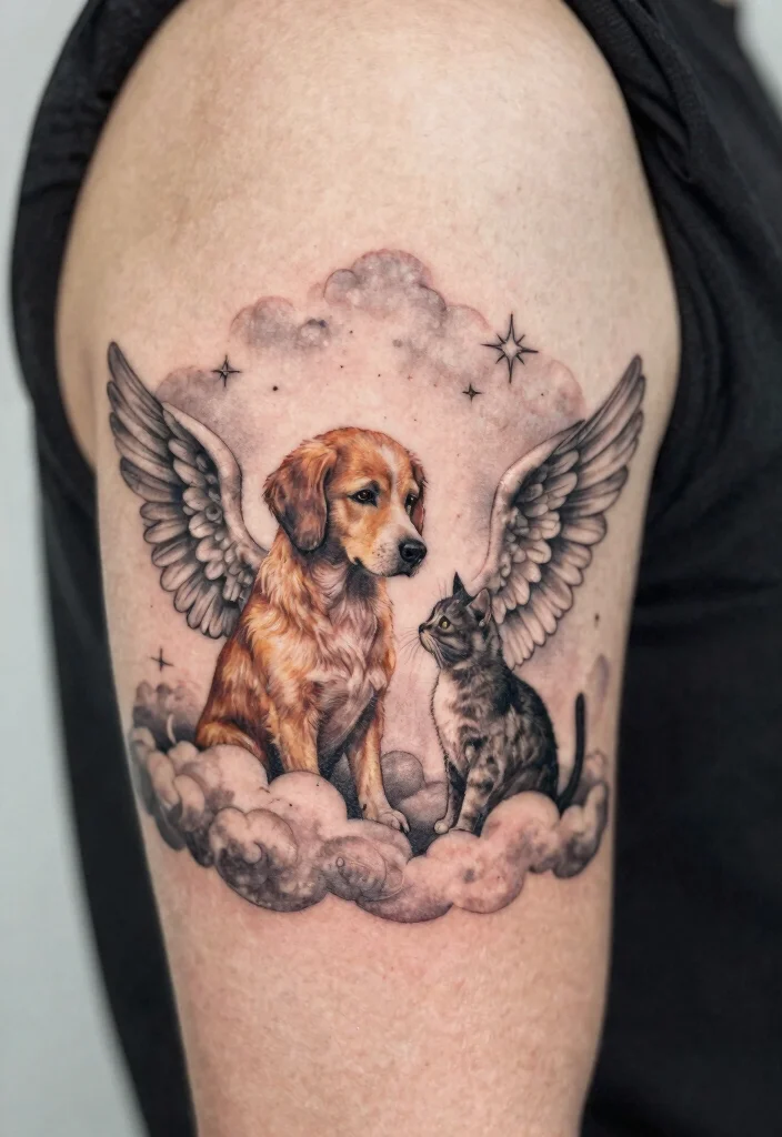 12 Dog and Cat Tattoo Ideas Together: Cute and Meaningful 102 12 Dog and Cat Tattoo Ideas Together Cute and Meaningful 10. The Guardian Angels 0