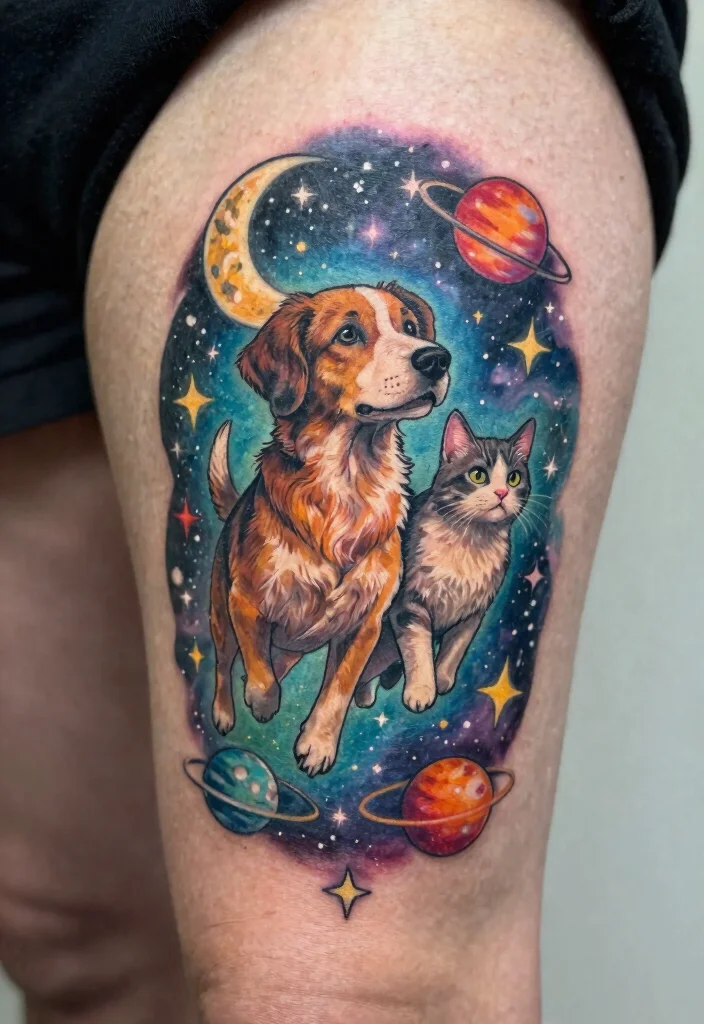 12 Dog and Cat Tattoo Ideas Together: Cute and Meaningful 114 12 Dog and Cat Tattoo Ideas Together Cute and Meaningful 11. Cosmic Companionship 0