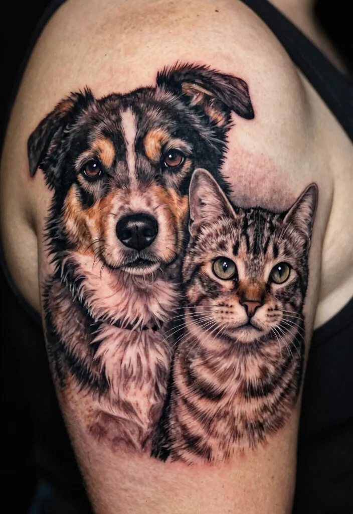 12 Dog and Cat Tattoo Ideas Together: Cute and Meaningful 56 12 Dog and Cat Tattoo Ideas Together Cute and Meaningful 6. Playful Portraits 0