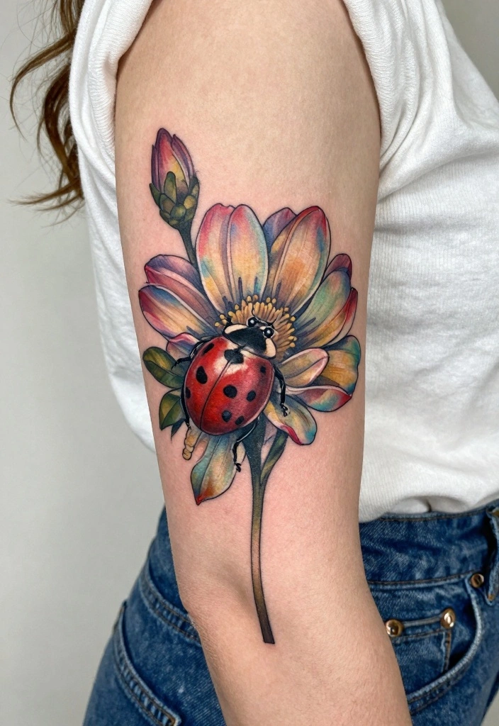 12 Fine Line Ladybug Tattoo Ideas: Soft And Delicate 67 12 Fine Line Ladybug Tattoo Ideas Soft And Delicate 7. Ladybug on a Blossom 0