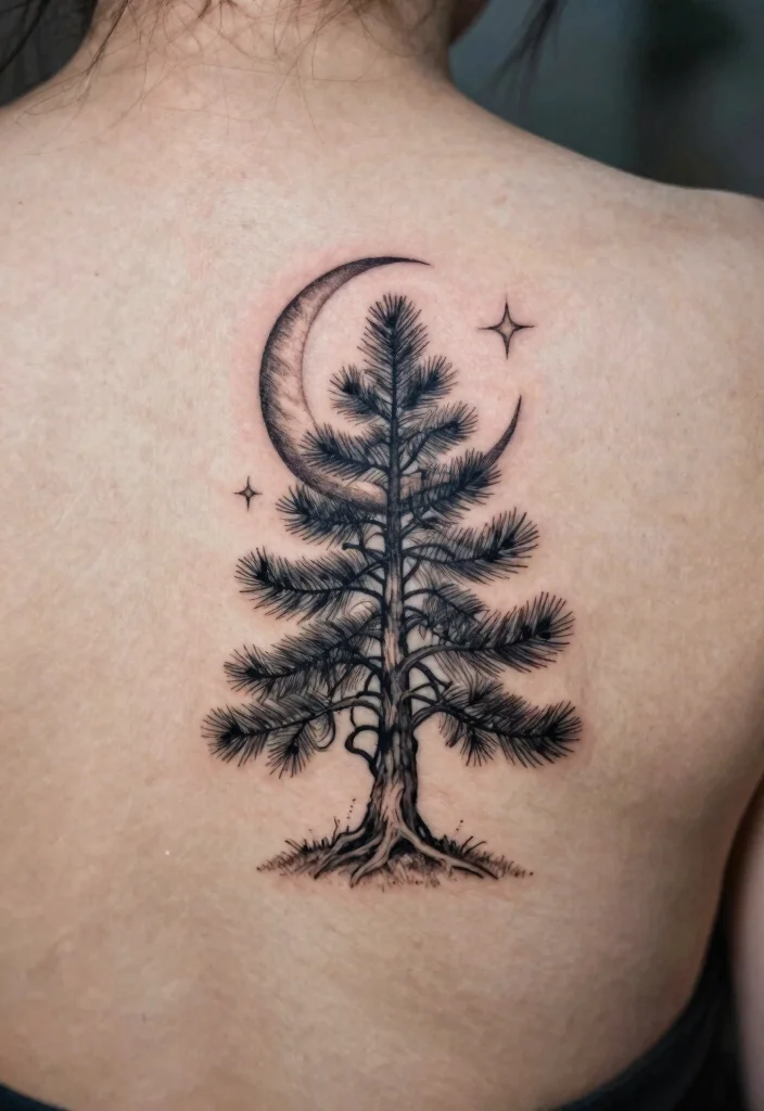 12 Fine Line Pine Tree Tattoo Ideas Minimal And Nature Inspired 34 12 Fine Line Pine Tree Tattoo Ideas Minimal And Nature Inspired 4. Pine Tree with Moon and Stars 0