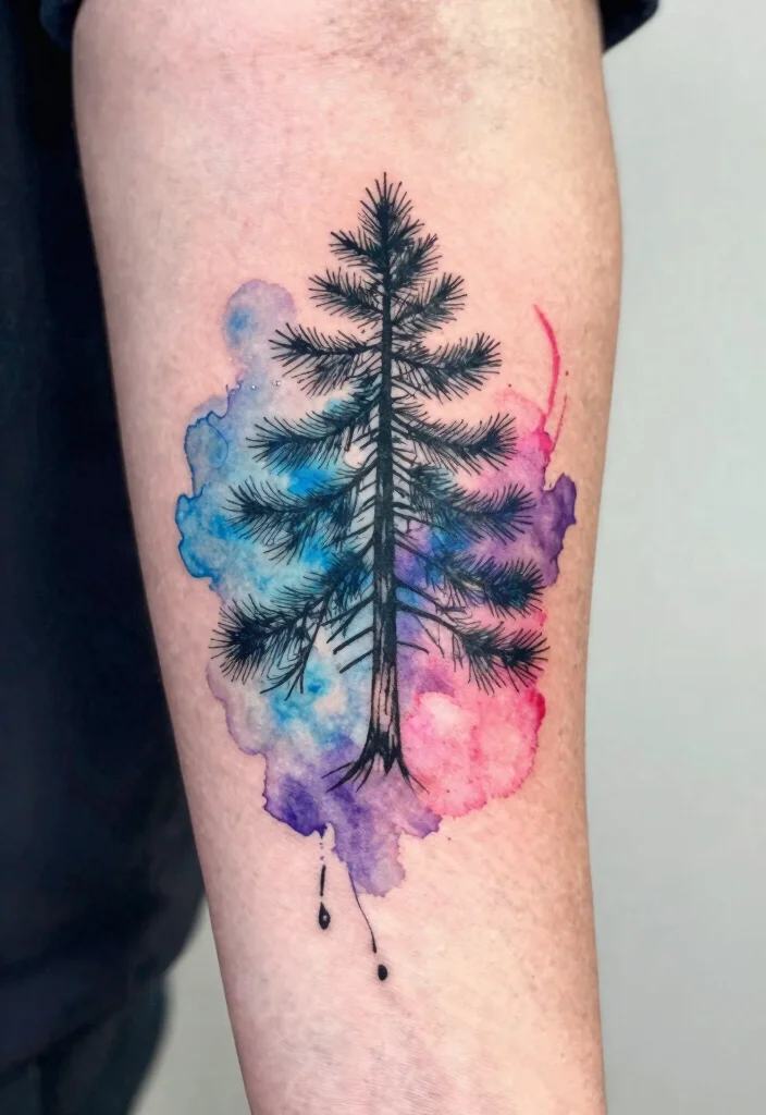12 Fine Line Pine Tree Tattoo Ideas Minimal And Nature Inspired 45 12 Fine Line Pine Tree Tattoo Ideas Minimal And Nature Inspired 5. Minimalist Pine Tree with Watercolor Splash 0