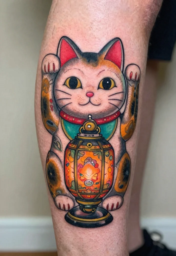 12 Japanese Lucky Cat Tattoo Ideas Symbolic and Playful 10. Lucky Cat with Lantern 0