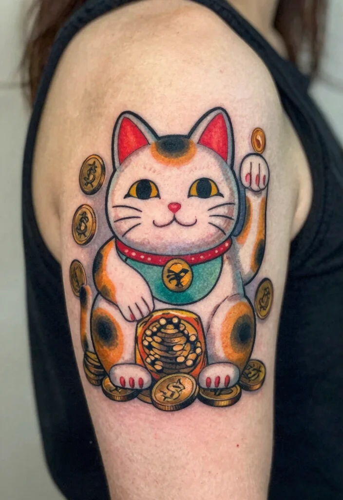 12 Japanese Lucky Cat Tattoo Ideas Symbolic and Playful 11. Lucky Cat Surrounded by Coins 0