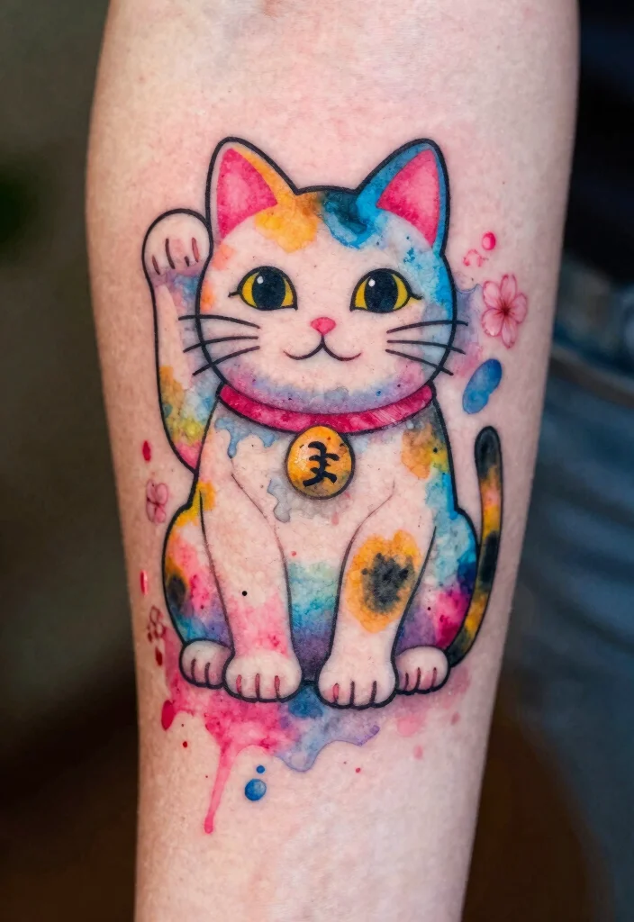 12 Japanese Lucky Cat Tattoo Ideas Symbolic and Playful 2. Watercolor Lucky Cat 0