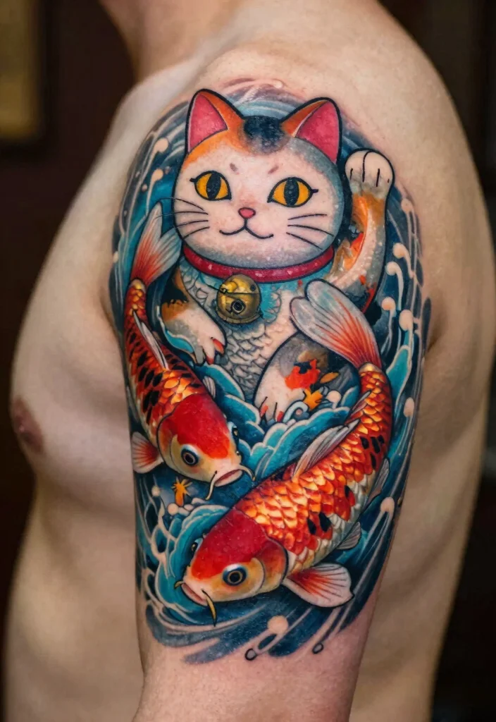 12 Japanese Lucky Cat Tattoo Ideas Symbolic and Playful 4. Lucky Cat with Koi Fish 0