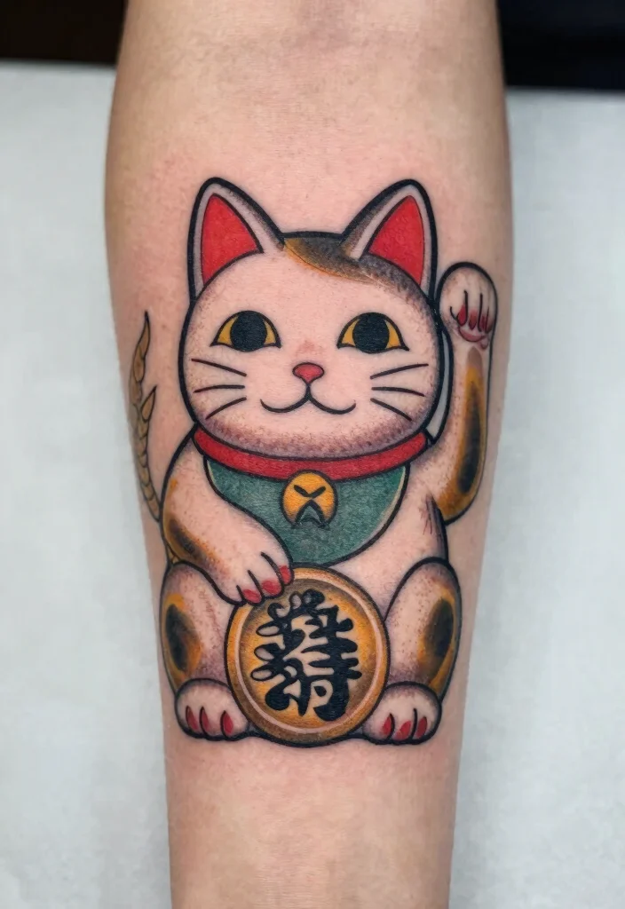 12 Japanese Lucky Cat Tattoo Ideas Symbolic and Playful 6. Lucky Cat Holding a Coin 0