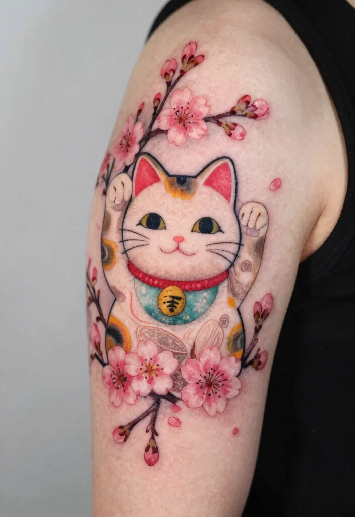 12 Japanese Lucky Cat Tattoo Ideas Symbolic and Playful 7. Lucky Cat with Cherry Blossoms 0