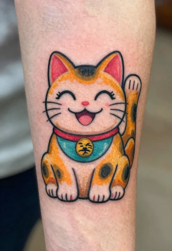 12 Japanese Lucky Cat Tattoo Ideas Symbolic and Playful 9. Cute Lucky Cat Grinning 0