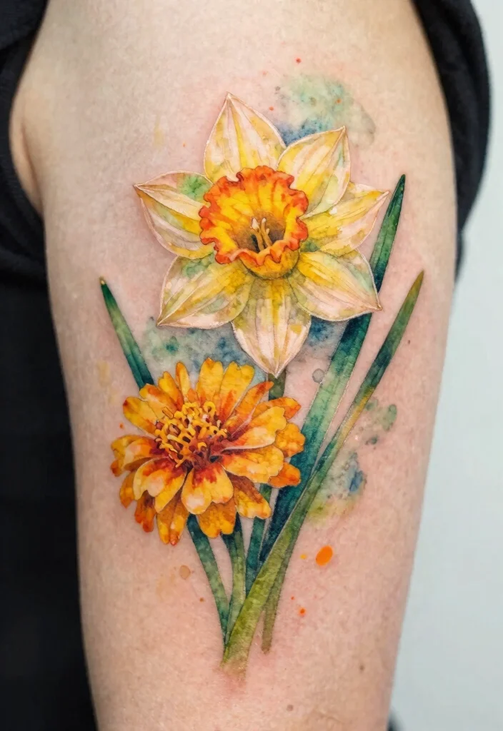 12 March and October Birth Flower Tattoo Ideas Unique Combos 1. Daffodil and Marigold Watercolor Tattoo 0