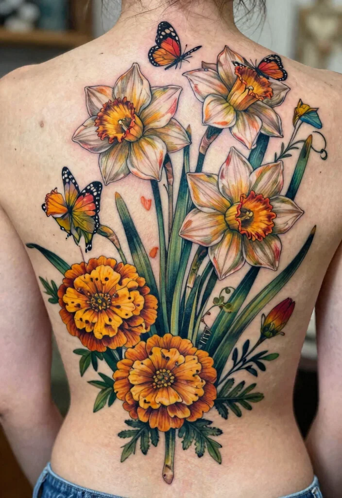 12 March and October Birth Flower Tattoo Ideas Unique Combos 10. Large Back Piece with Daffodils and Marigolds 0