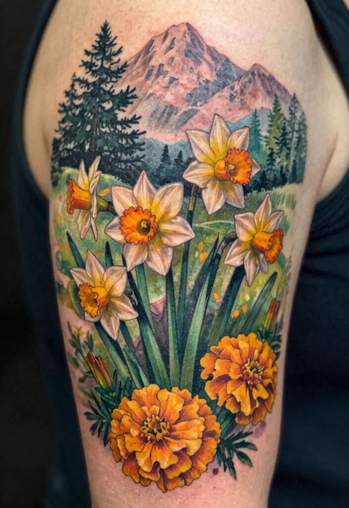 12 March and October Birth Flower Tattoo Ideas Unique Combos 11. Daffodil and Marigold Nature Scene Tattoo 0