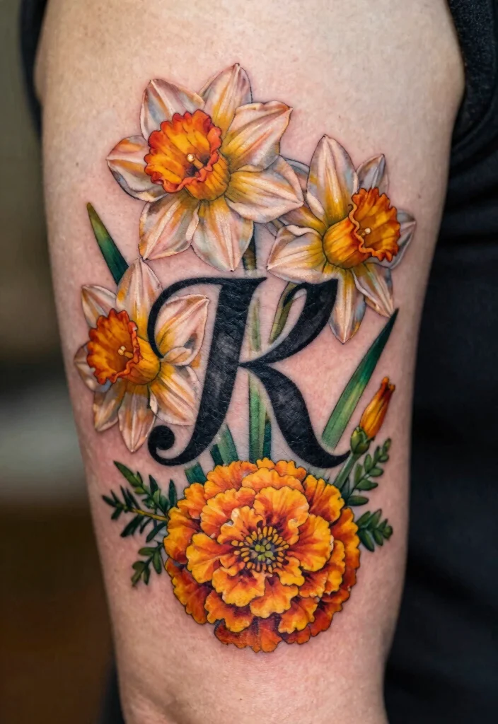 12 March and October Birth Flower Tattoo Ideas Unique Combos 12. Personalized Daffodil and Marigold Tattoo with Initials 0