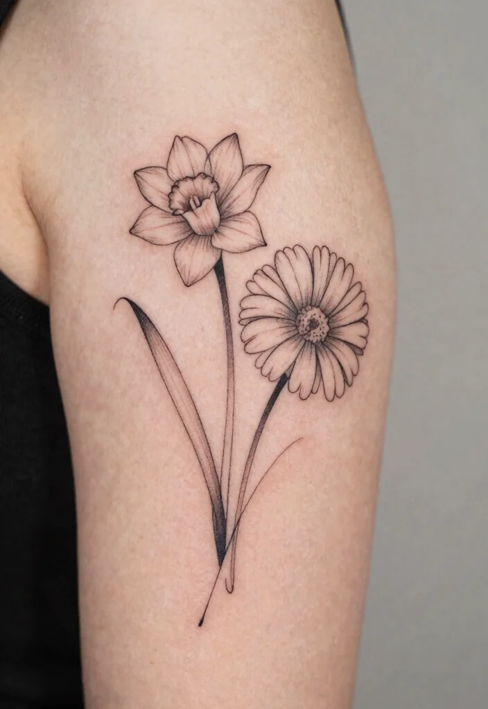 12 March and October Birth Flower Tattoo Ideas Unique Combos 2. Minimalist Daffodil and Marigold Line Art 0