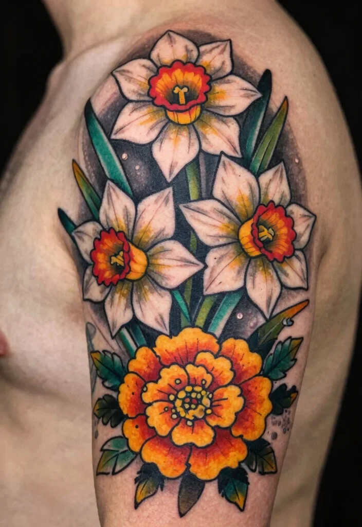 12 March and October Birth Flower Tattoo Ideas Unique Combos 3. Bold Traditional Daffodil and Marigold Tattoo 0