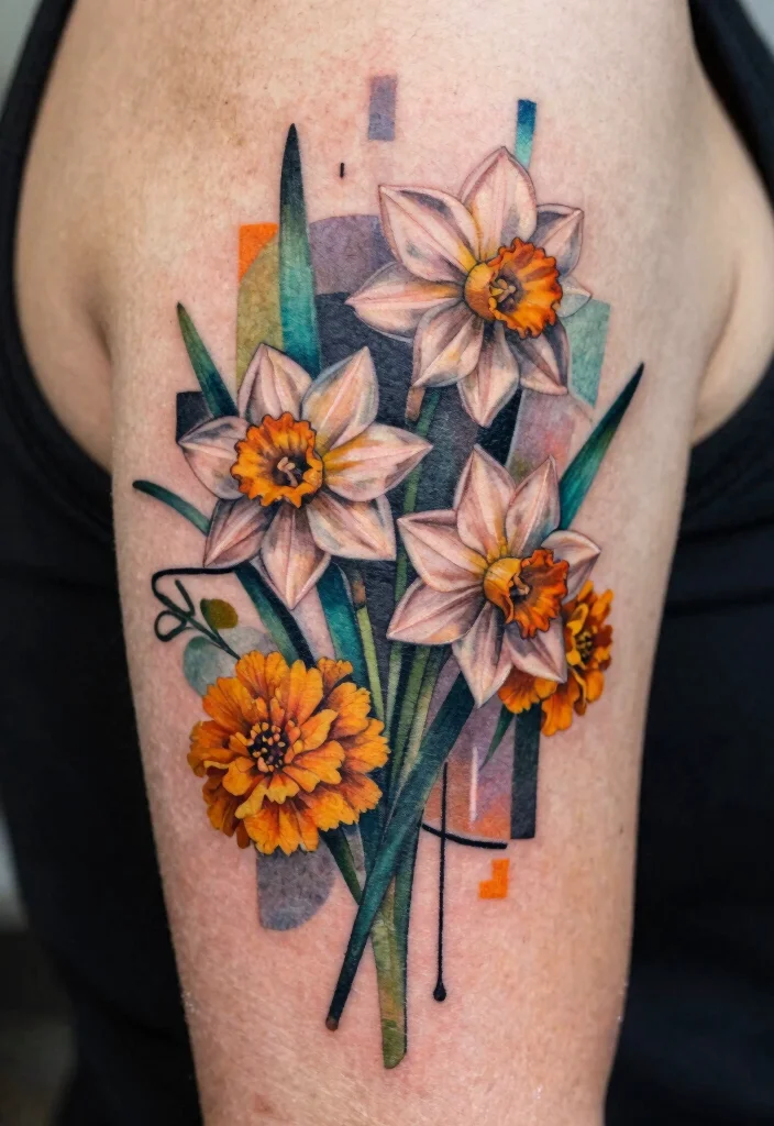 12 March and October Birth Flower Tattoo Ideas Unique Combos 4. Abstract Daffodil and Marigold Combination 0