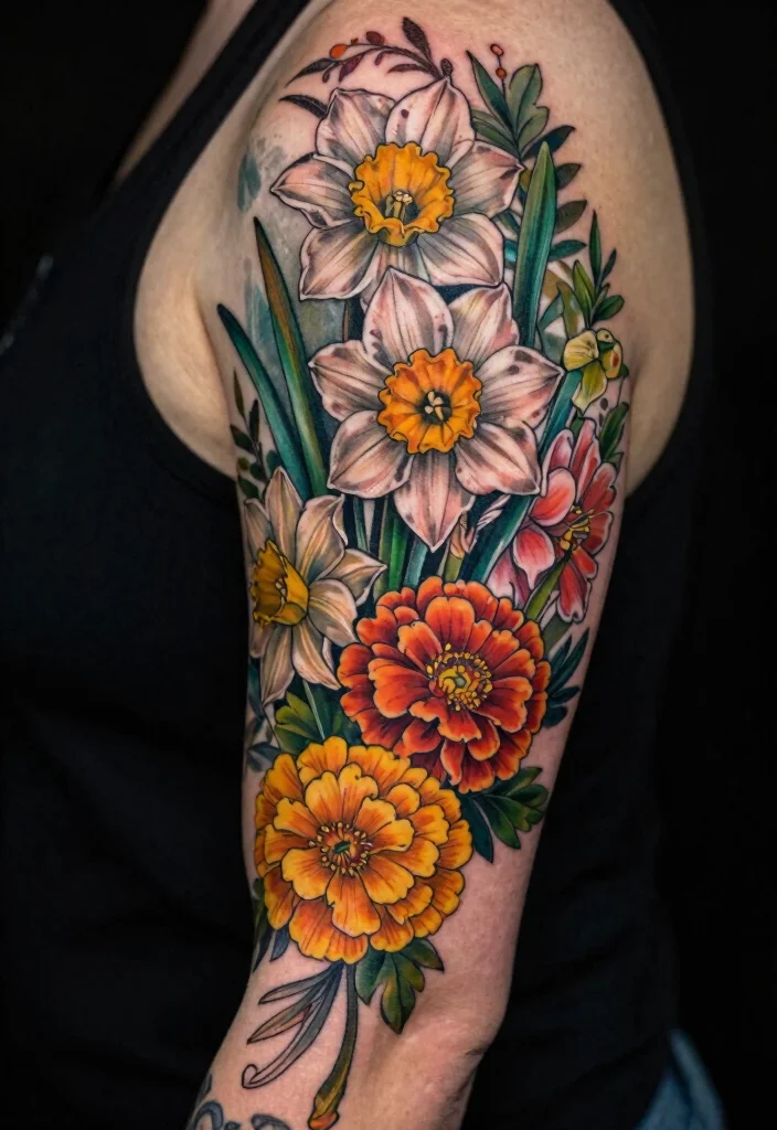 12 March and October Birth Flower Tattoo Ideas Unique Combos 5. Floral Sleeve with Daffodils and Marigolds 0