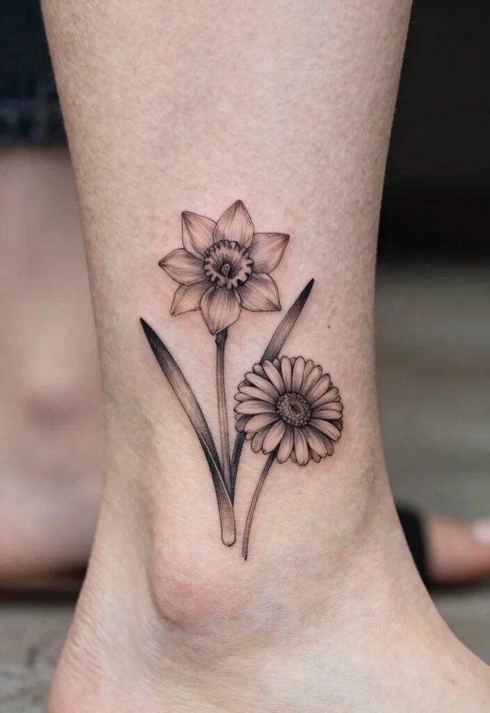 12 March and October Birth Flower Tattoo Ideas Unique Combos 6. Delicate Daffodil and Marigold Ankle Tattoo 0
