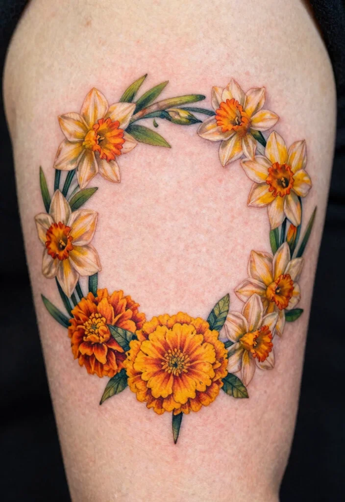 12 March and October Birth Flower Tattoo Ideas Unique Combos 7. Daffodil and Marigold Floral Crown Tattoo 0