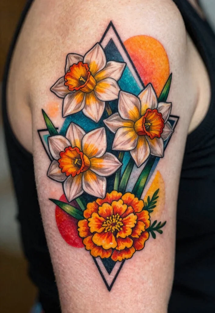 12 March and October Birth Flower Tattoo Ideas Unique Combos 8. Geometric Daffodil and Marigold Fusion 0
