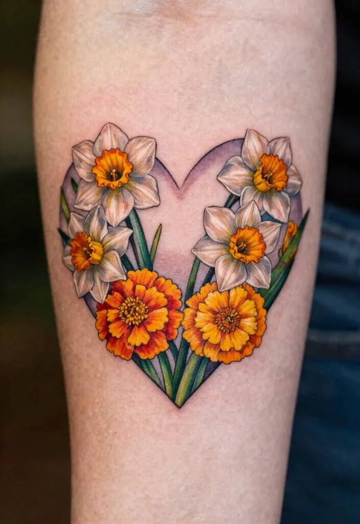 12 March and October Birth Flower Tattoo Ideas Unique Combos 9. Daffodil and Marigold Heart Shaped Tattoo 0