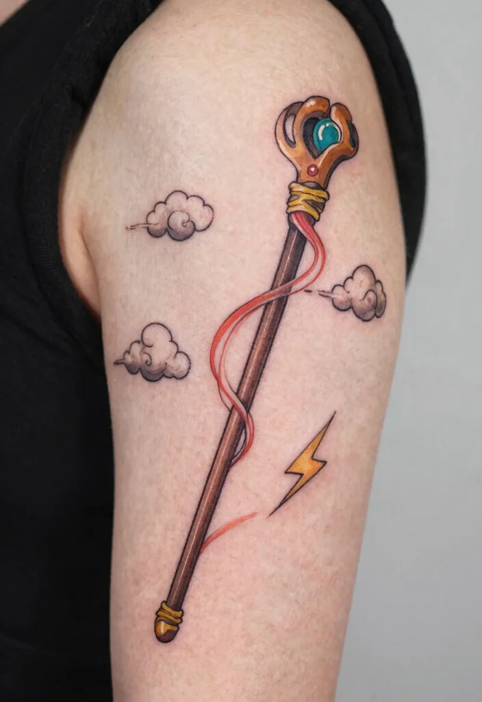 12 One Piece Flash Tattoo Ideas for Anime Fans 69 12 One Piece Flash Tattoo Ideas for Anime Fans 7. Namis Weather Staff 0