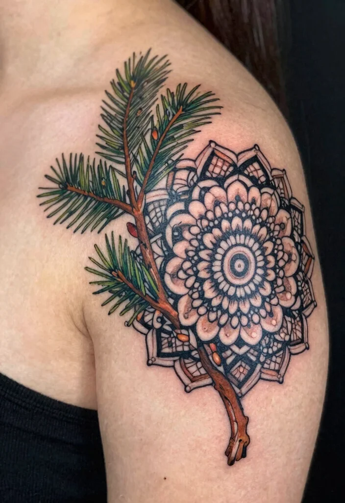 12 Pine Tree Branch Tattoo Ideas With Natural Flow 10. Pine Branch and Mandala Fusion 0