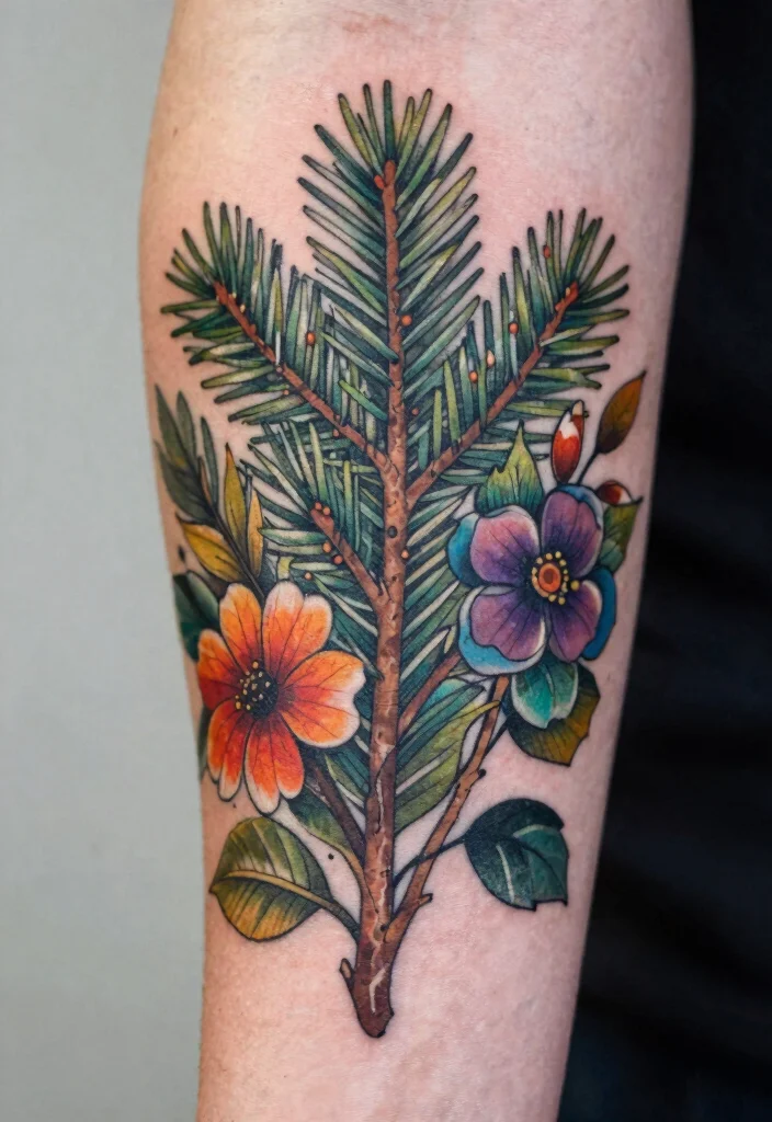 12 Pine Tree Branch Tattoo Ideas With Natural Flow 12. Pine Branch with Nature Elements 0