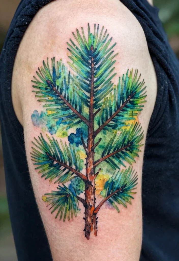 12 Pine Tree Branch Tattoo Ideas With Natural Flow 2. Watercolor Burst 0