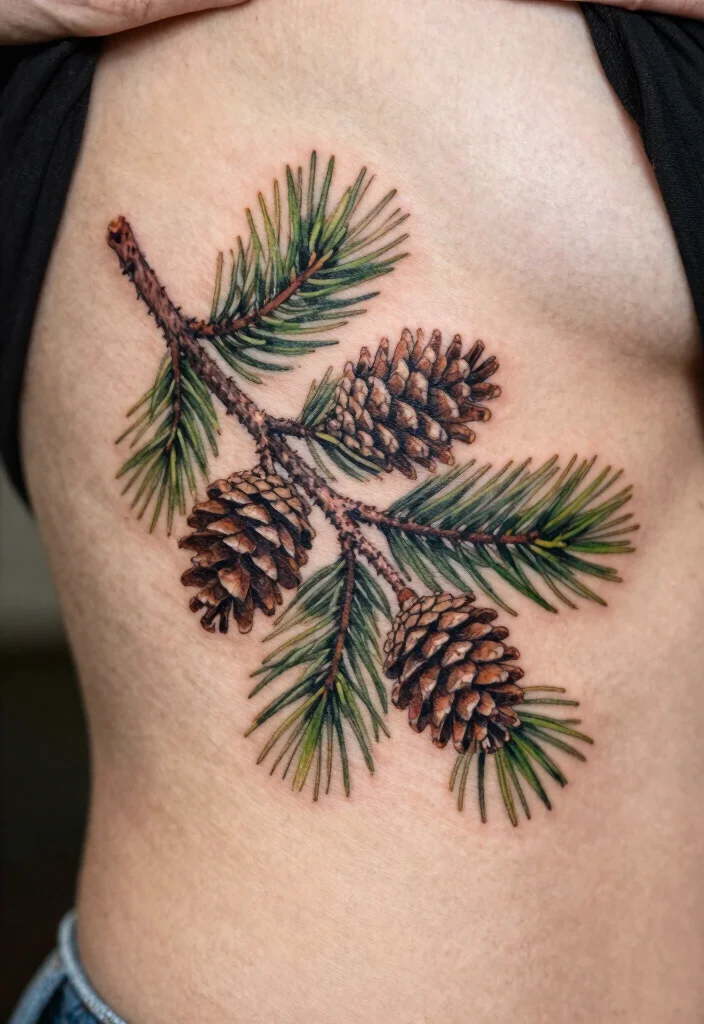 12 Pine Tree Branch Tattoo Ideas With Natural Flow 5. Pine Branch with Cones 0