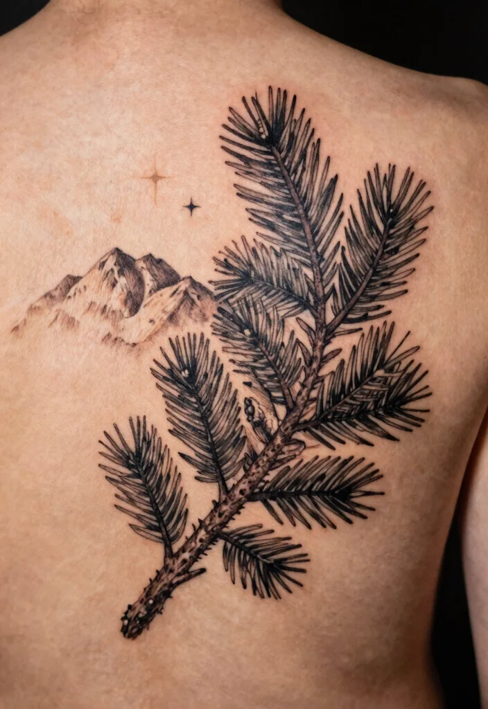 12 Pine Tree Branch Tattoo Ideas With Natural Flow 8. Pine Branch as a Part of a Nature Scene 0
