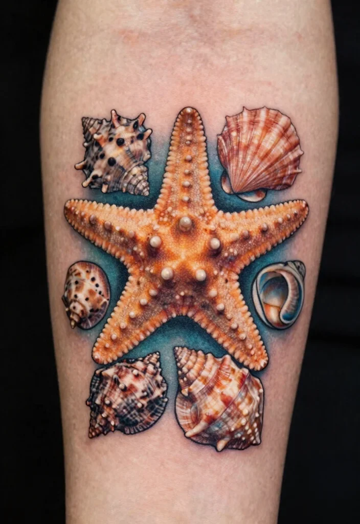 12 Starfish Tattoo Ideas With Coastal And Minimal Vibes 100 12 Starfish Tattoo Ideas With Coastal And Minimal Vibes 10. Starfish and Seashells 0