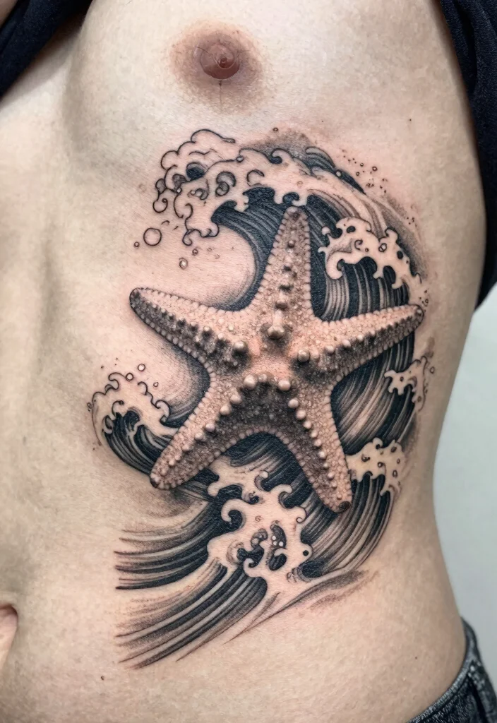 12 Starfish Tattoo Ideas With Coastal And Minimal Vibes 34 12 Starfish Tattoo Ideas With Coastal And Minimal Vibes 4. Starfish with Ocean Waves 0