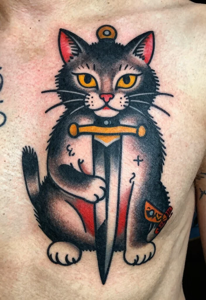 14 American Traditional Cat Tattoo Ideas Bold and Classic 113 14 American Traditional Cat Tattoo Ideas Bold and Classic 11. Cat with a Dagger 0