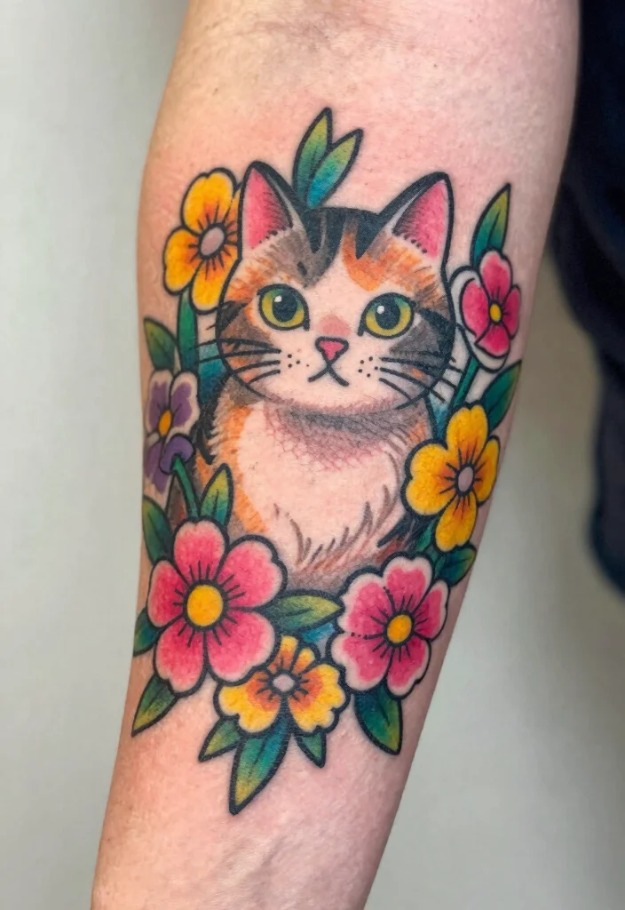 14 American Traditional Cat Tattoo Ideas Bold and Classic 126 14 American Traditional Cat Tattoo Ideas Bold and Classic 12. Cat with Flowers 0
