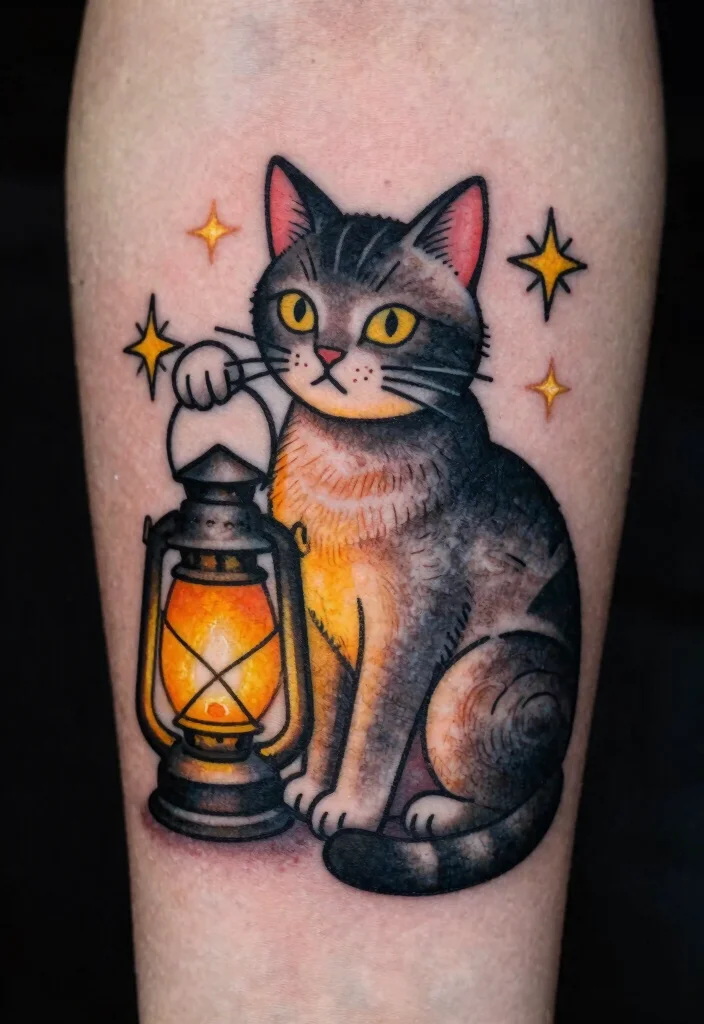 14 American Traditional Cat Tattoo Ideas Bold and Classic 148 14 American Traditional Cat Tattoo Ideas Bold and Classic 14. Cat and Lantern 0