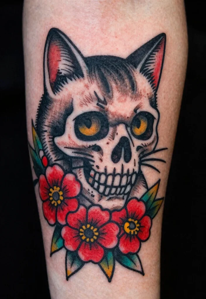 14 American Traditional Cat Tattoo Ideas Bold and Classic 45 14 American Traditional Cat Tattoo Ideas Bold and Classic 5. Cat with a Skull 0