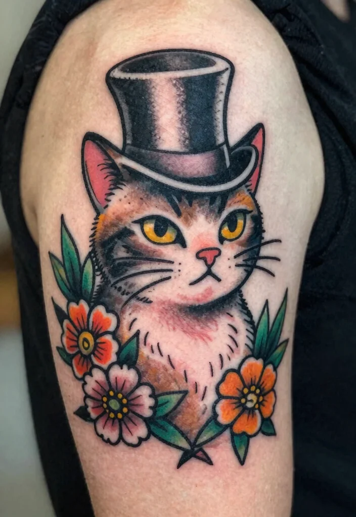 14 American Traditional Cat Tattoo Ideas Bold and Classic 80 14 American Traditional Cat Tattoo Ideas Bold and Classic 8. Cat in a Top Hat 0