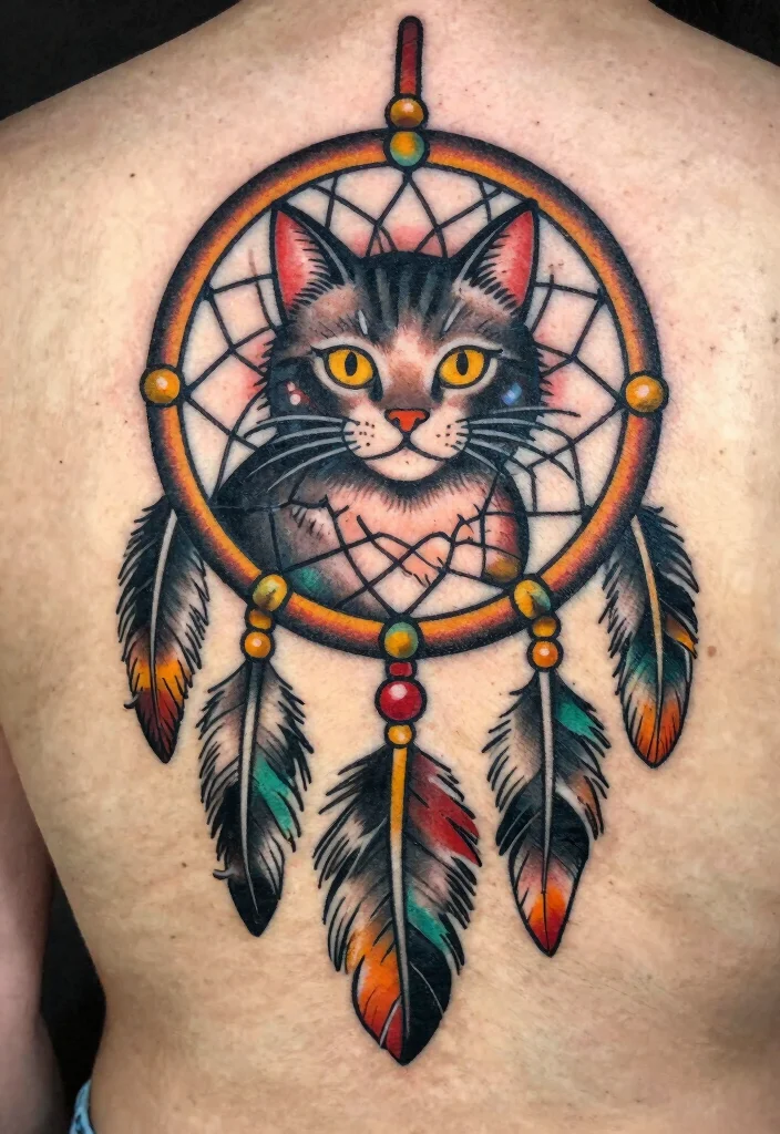 14 American Traditional Cat Tattoo Ideas Bold and Classic 91 14 American Traditional Cat Tattoo Ideas Bold and Classic 9. Cat in a Dreamcatcher 0