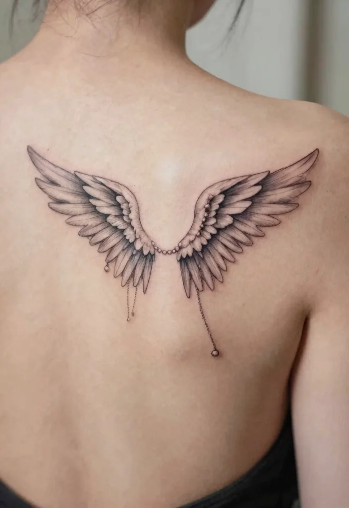 14 Angel Wings Tattoo Ideas on the Back Powerful and Symbolic 10. Minimalist Angel Wings with Beads 0