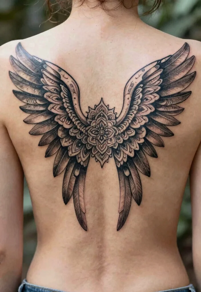 14 Angel Wings Tattoo Ideas on the Back Powerful and Symbolic 12. Angel Wings with Mandala Elements 0
