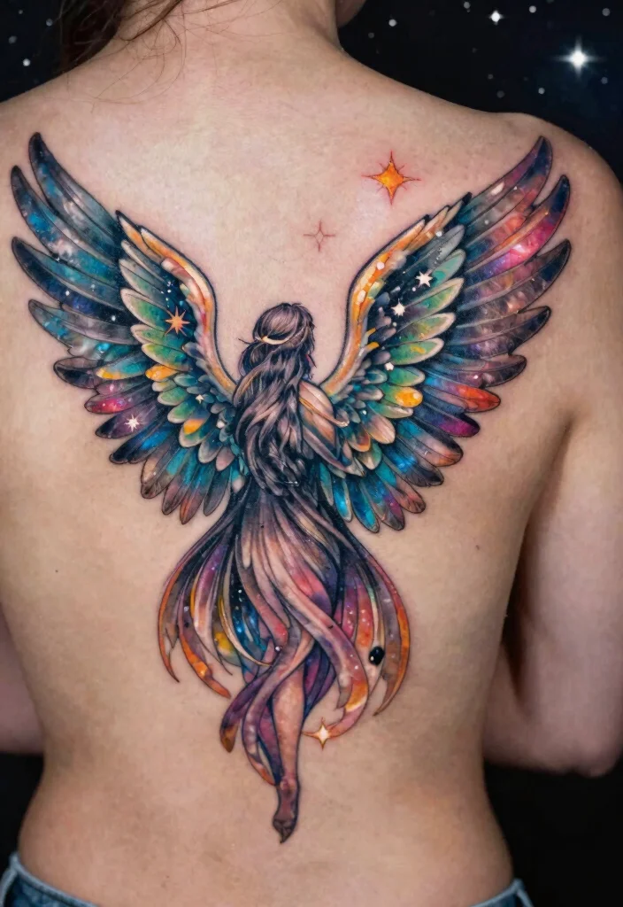 14 Angel Wings Tattoo Ideas on the Back Powerful and Symbolic 14. Angel Wings with Celestial Bodies 0