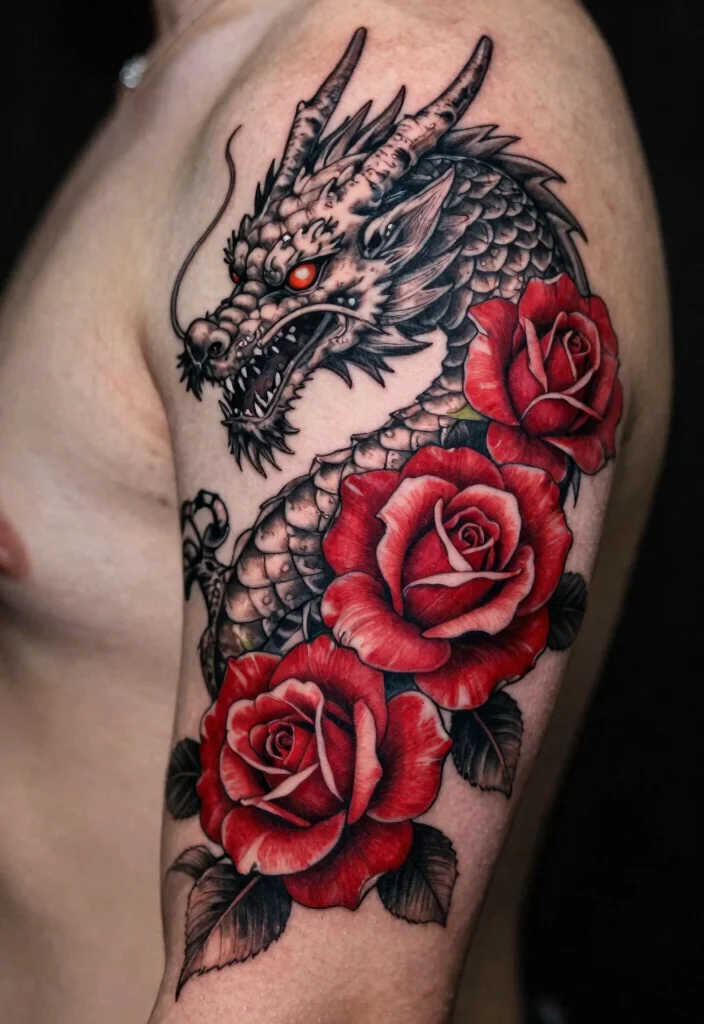 14 Black and Red Dragon Tattoo Ideas Bold and Striking 56 14 Black and Red Dragon Tattoo Ideas Bold and Striking 6. Dragon and Floral Combination 0