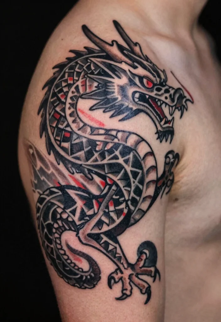 14 Black and Red Dragon Tattoo Ideas Bold and Striking 69 14 Black and Red Dragon Tattoo Ideas Bold and Striking 7. Geometric Dragon Art 0