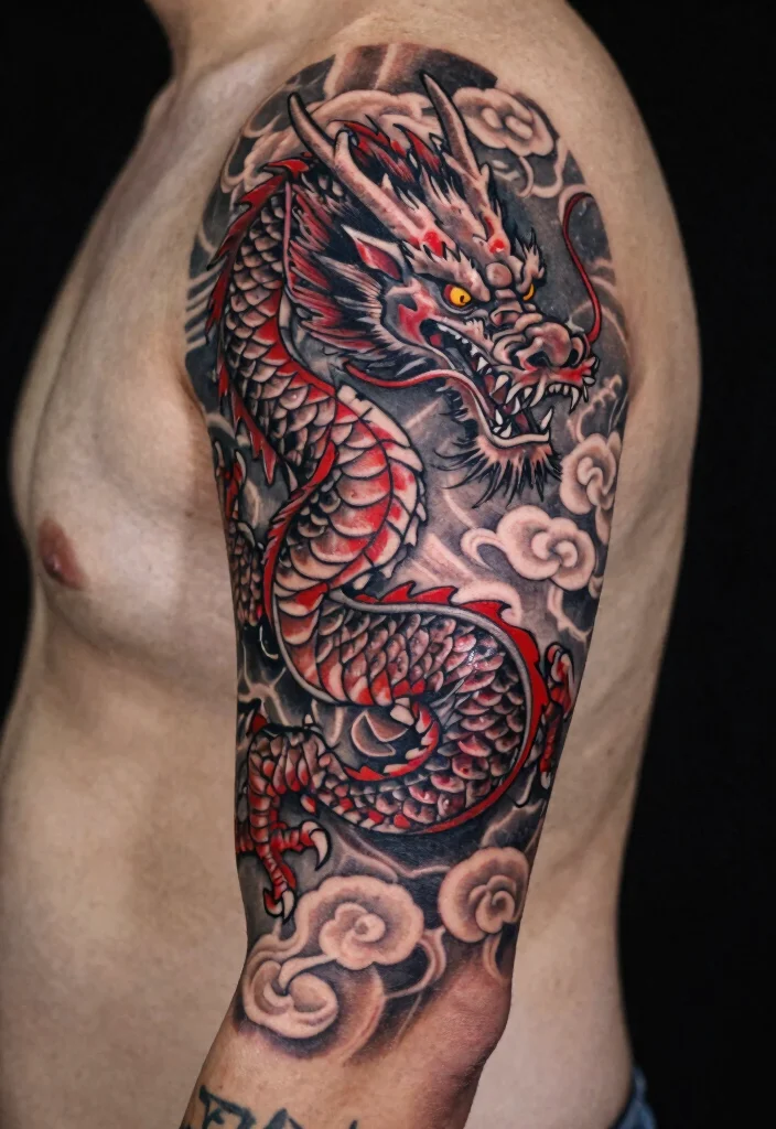 14 Black and Red Dragon Tattoo Ideas Bold and Striking 80 14 Black and Red Dragon Tattoo Ideas Bold and Striking 8. Dragon Half Sleeve Design 0